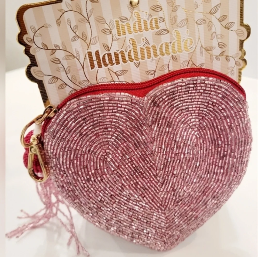 💕▪️made In India ▪️Pink Heart- Shaped Beaded Coin Pouch